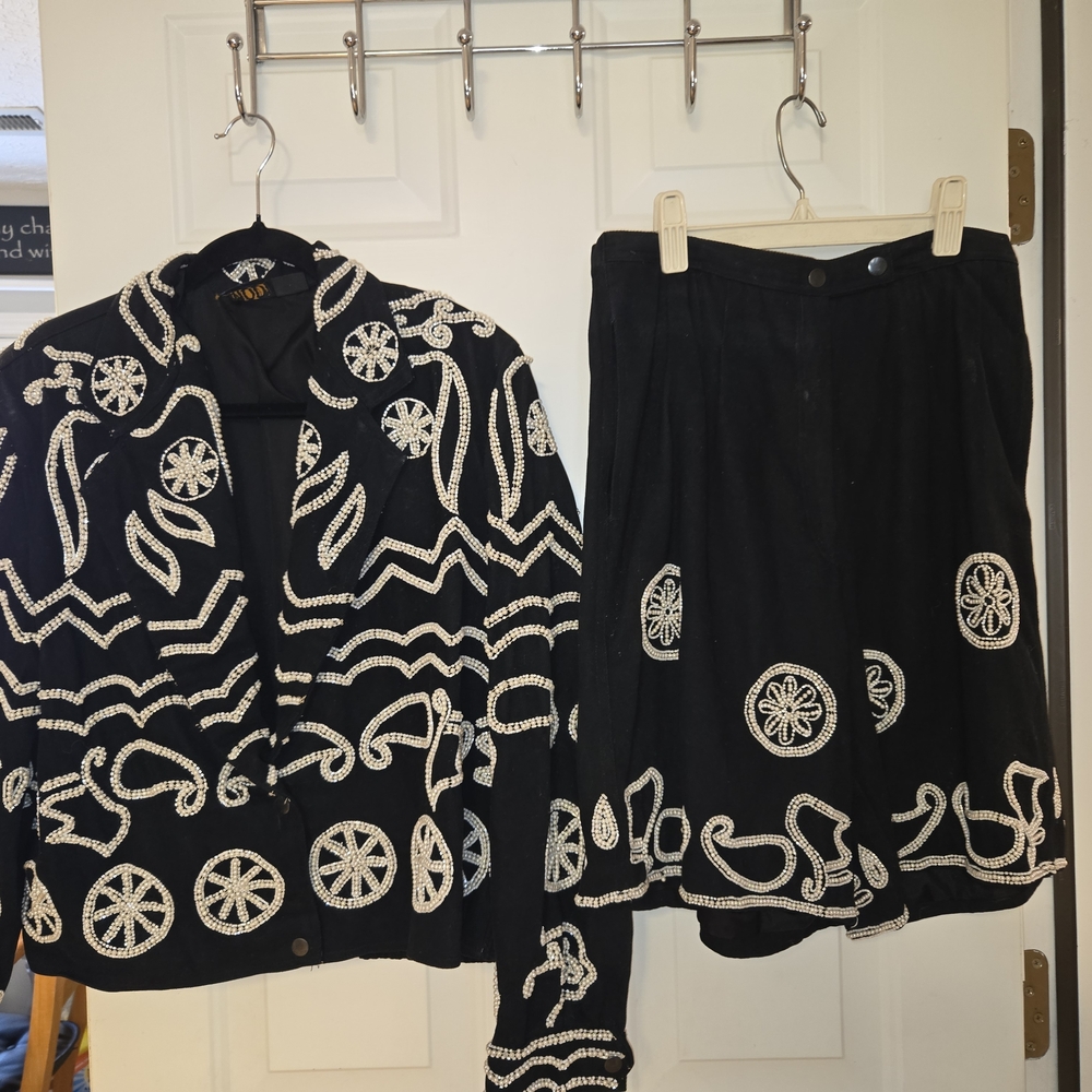 Black Embroidered Blazer and Skirt Set - White Accents